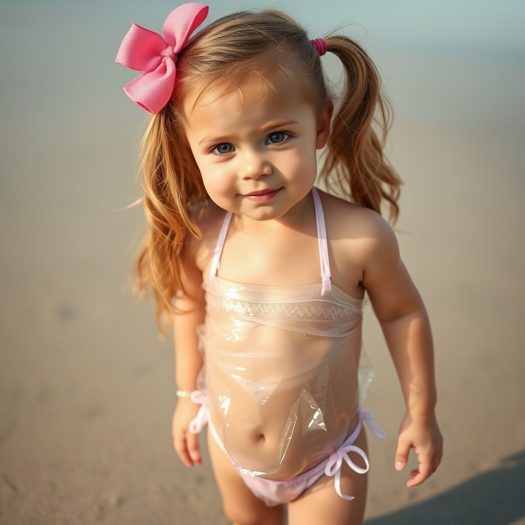 Cute little girl on the beach in a bikini made of clear plastic.