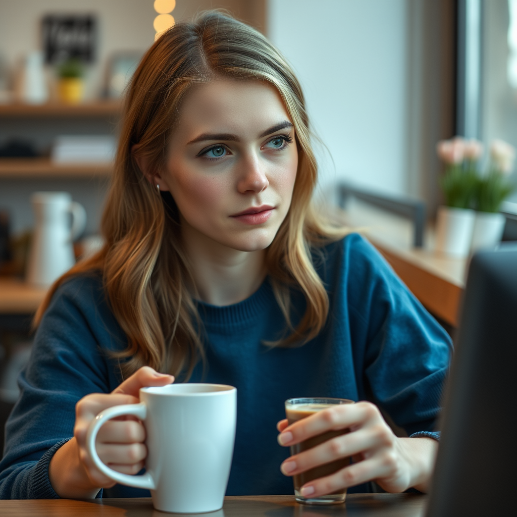 26-year-old Swedish girl, a data scientist, drinking coffee, make her more human-like.