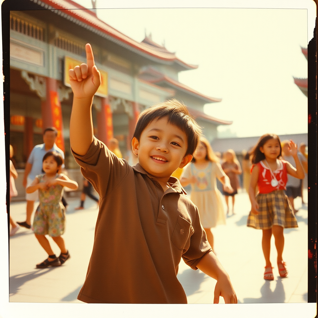 Children dancing in the square in China in the 1980s. Summer. Ultra-detailed portrait. Grainy film with light leaks. Polaroid photo with slightly peeling edges. - Image