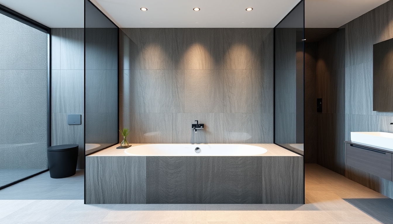 A sleek modern bathroom with glass walls and a luxurious soaking tub.