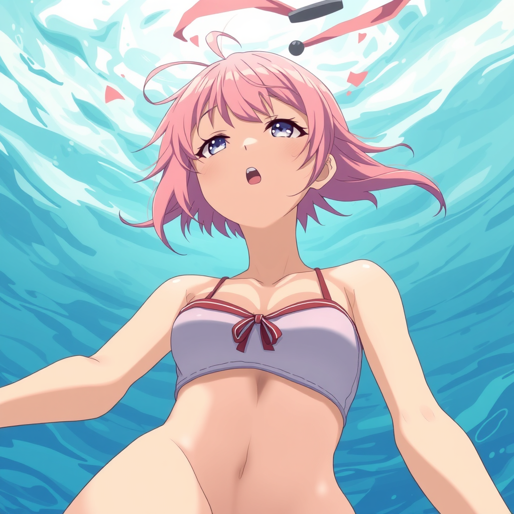 Anime art of a motherly woman, from below, pink hair, school swimsuit, detailed scene, jumping on water, stunning details, trending on ArtStation, anime artwork, anime cel shading, detailed soft shadows.