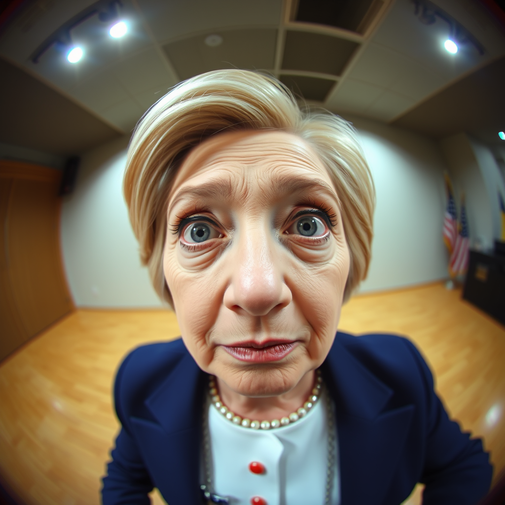 Silly fish-eye lens image of Hillary Clinton staring directly into camera, befuddled look, raised eyebrow 🤨