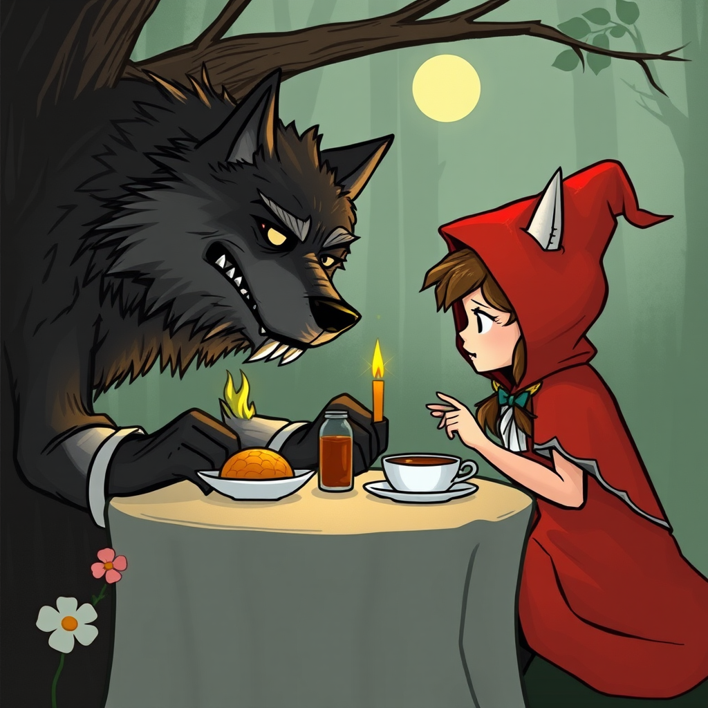 'Little Red Riding Hood and the Big Bad Wolf have breakfast.' - Image