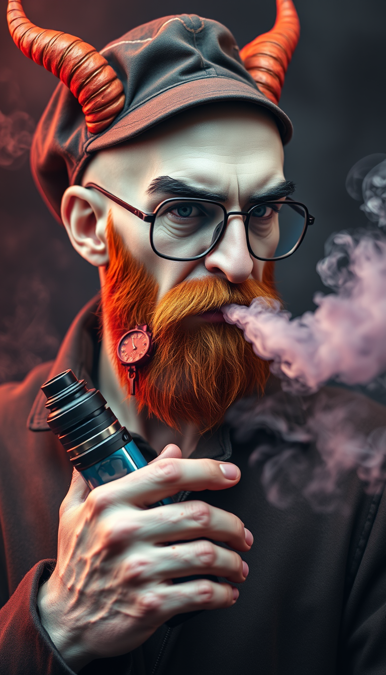 Three-quarter view of a sinister, bald human male with necromancer lich features. Demonic horns, a short fiery ginger beard contrasts with dark eyebrows. Wears a weathered flat cap and aviator glasses. Clutches a sleek vape mod, exhaling dense, swirling vapor clouds. Vibrant e-liquid drips off his pale skin, creating a colorful aura.