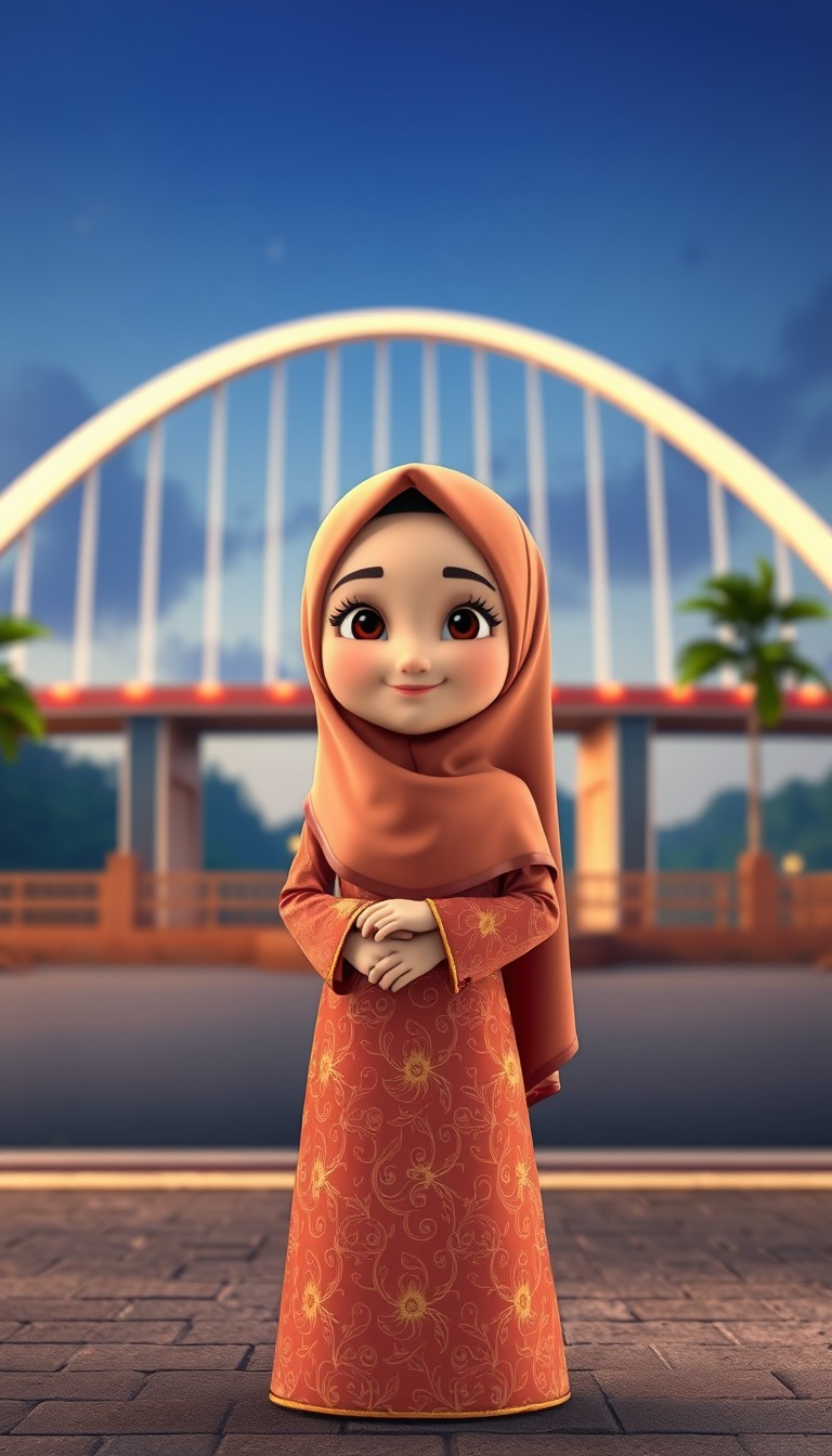 A 3D cartoon animation of a Muslim woman from Palembang, Indonesia, wearing a traditional long songket dress. She stands gracefully in front of the iconic Ampera Bridge, which arches beautifully in the background. The scene is rendered in stunning 8k resolution, capturing the vibrant colors and intricate details of the songket fabric. The woman's expression is serene and peaceful, with a gentle smile. The overall atmosphere is warm and welcoming, showcasing the cultural beauty and elegance of Palembang.