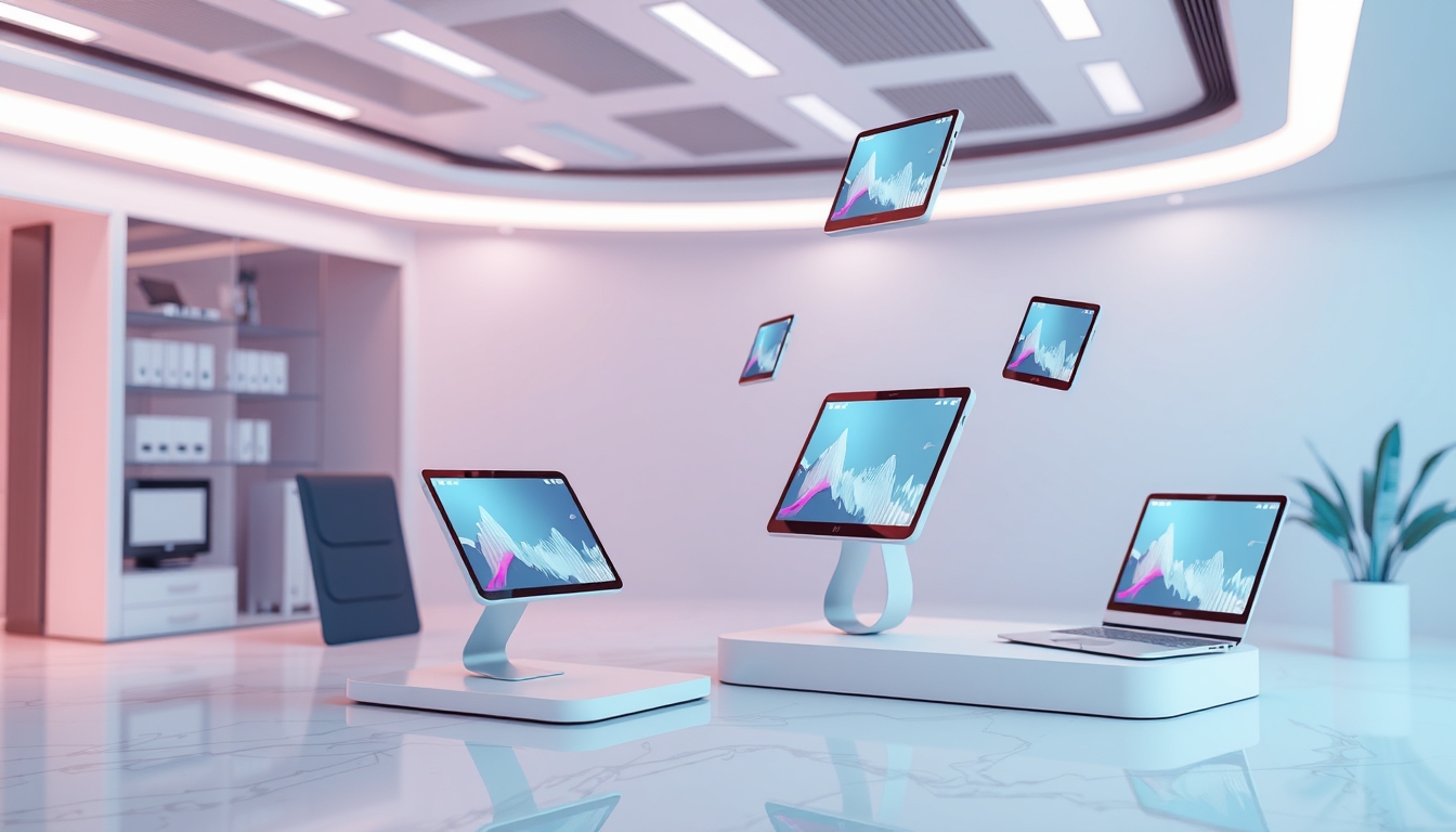 Futuristic Minimalist 3D Workspace with Floating Digital Devices on Business Background - Image