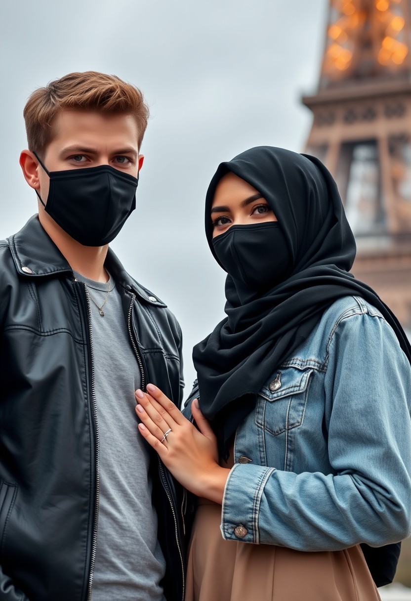 Jamie Dornan, handsome, black face mask, black leather jacket, jeans, dating, love couple with the biggest hijab Muslim girl, beautiful eyes, black face mask, jeans jacket, biggest skirt, wedding rings, Eiffel Tower, realistic, street photography. - Image