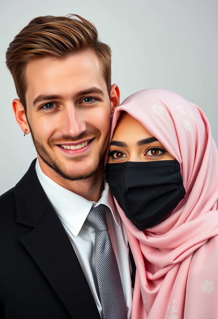 Jamie Dornan's head and body shot, handsome, young, sweet smile, white shirt half buttoned, grey patterned tie, black coat suit, dating love with the biggest soft pink hijab girl, beautiful eyes, face mask black, biggest floral juba, hyper-realistic, studio photography. - Image