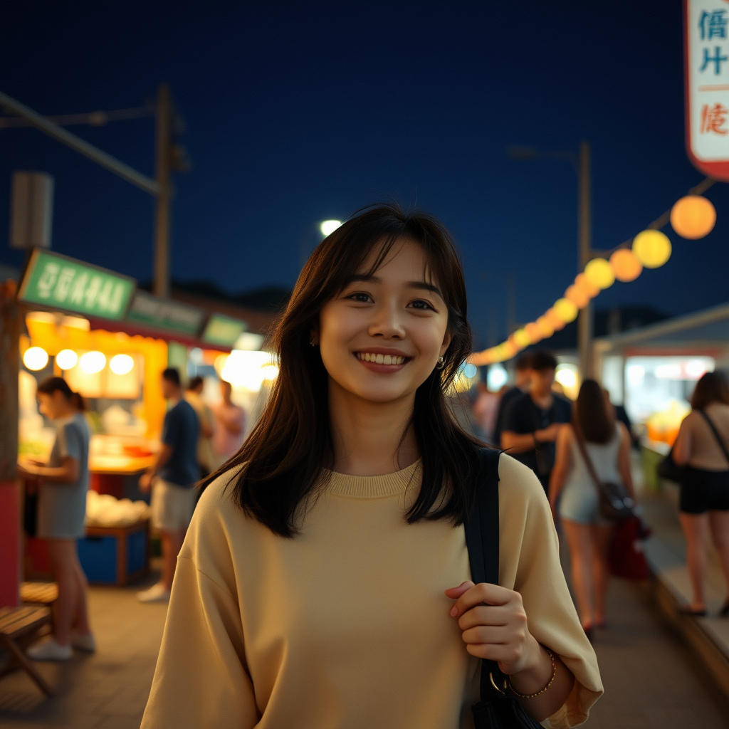 🌌 **Island at Night**: "Korean young woman experiencing nightlife, sea stroll, night market, unique charm of Cheung Chau Island at night, photorealistic style"