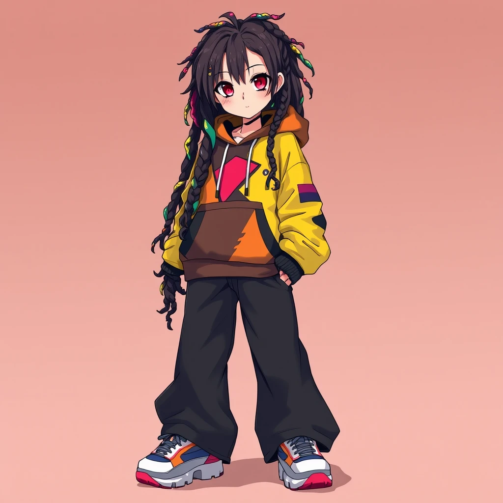 Girl with red eyes and rainbow dreadlocks, wearing a striking and colorful hoodie with very wide pants and creative sneakers, anime.