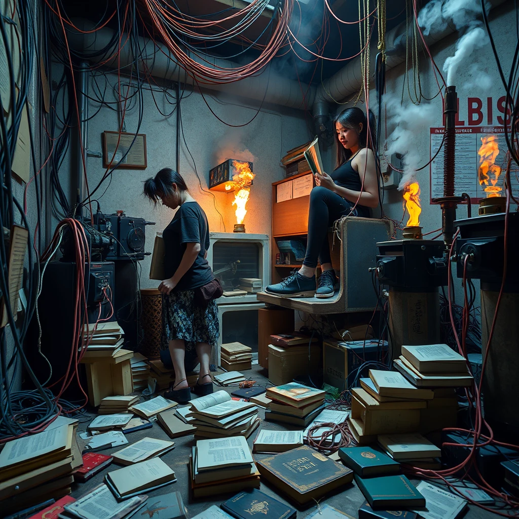 A real-life photograph, wide shot, of a tall strong woman and a Japanese girl reading books in the corner of a room. The room has some books scattered messily, and many wires of varying thicknesses are on the floor and in the air, including red, blue, yellow, and other colors. Additionally, there are some machines emitting steam and fire. The lighting is dim, and there are some plants.