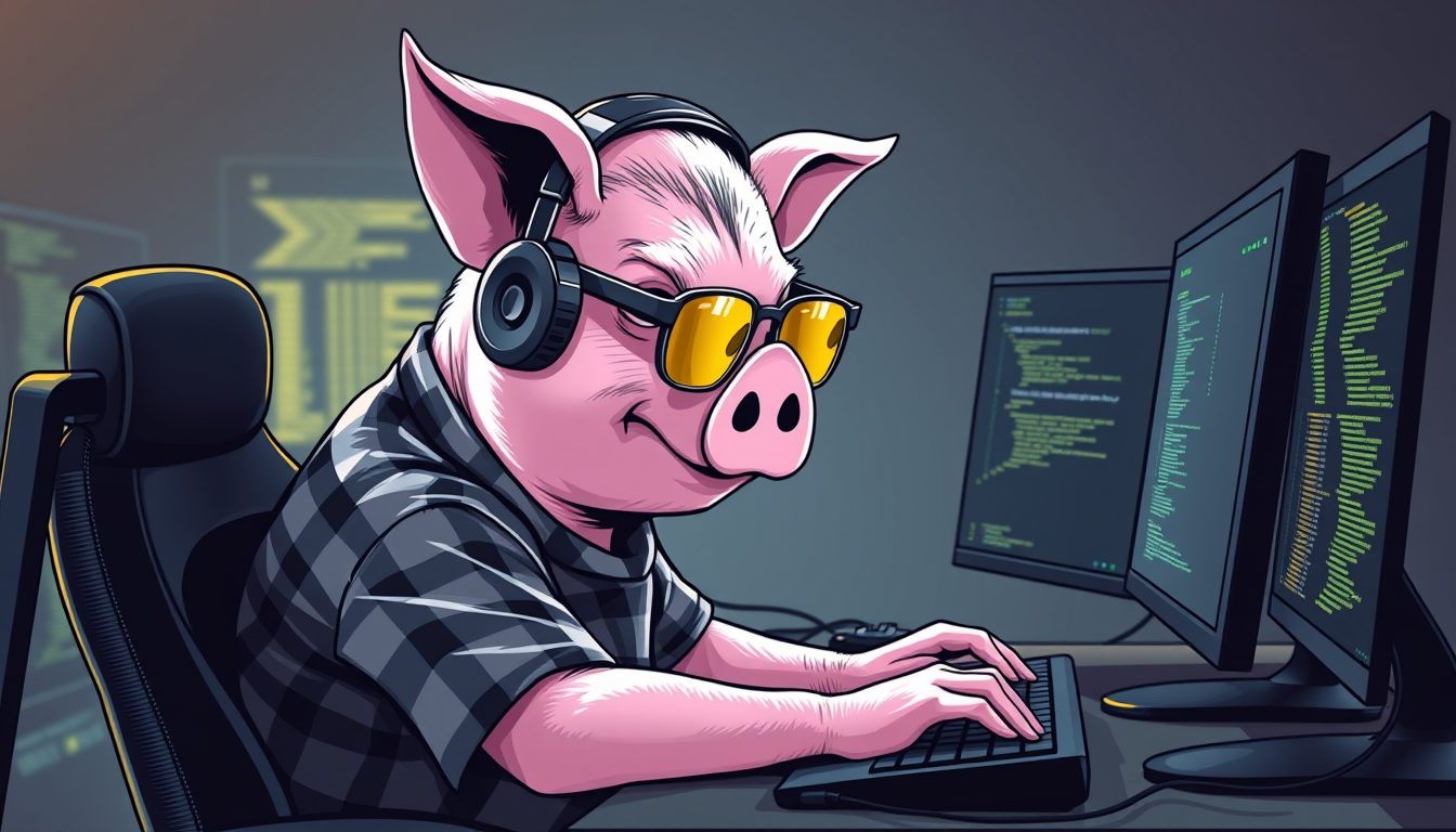 A tech-savvy pig coder, wearing yellow-tinted glasses and sleek noise-cancelling headphones, hunches over a cutting-edge multi-monitor setup. The anthropomorphic pig exudes focus, typing furiously while wearing a plaid t-shirt. - Image