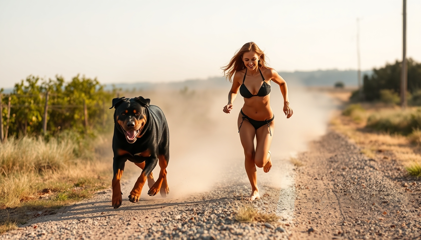 Rottweiler chasing a beautiful adult bikini girl on a dusty gravel county road.