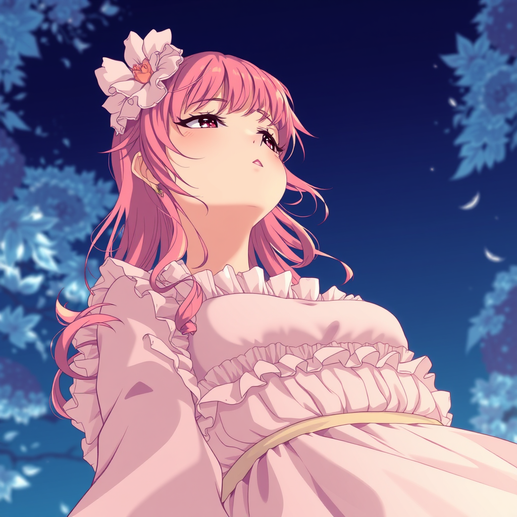 Anime art of a motherly woman, from below, pink hair, frilly dress, detailed scene, stunning details, trending on artstation, anime artwork, anime cel shading