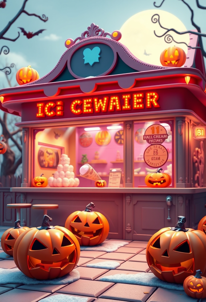 Ice cream parlor with jack-o'-lanterns, festive Halloween theme, 3D illustration. - Image