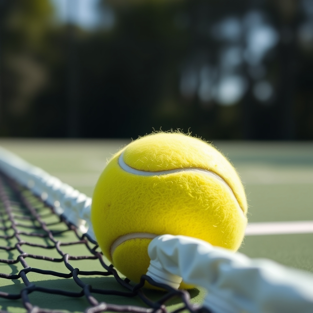 A tennis ball is resting on a net.