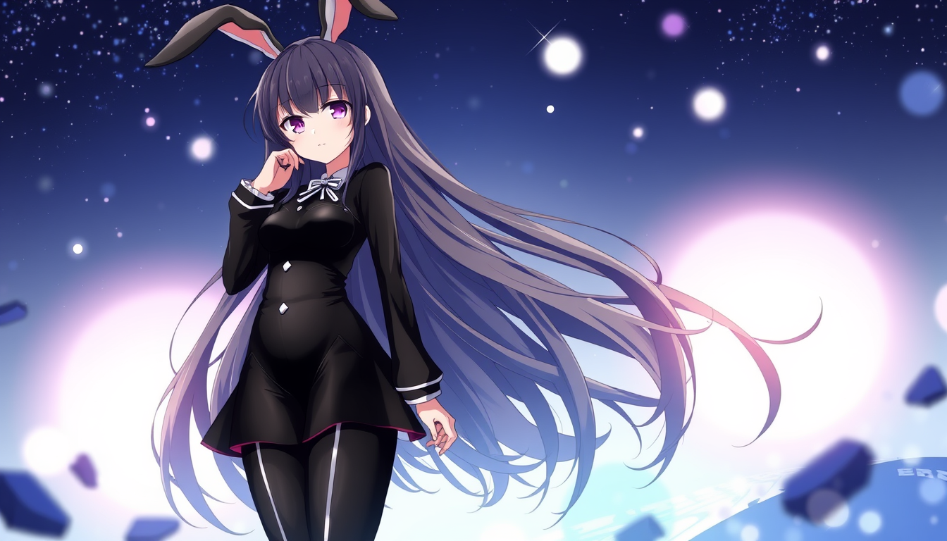 Anime art of a motherly, black bunny girl suit, long hair, natural reflective, detailed body, standing, wallpaper anime background, stunning details, anime artwork, illustration quality, windows wallpaper download.