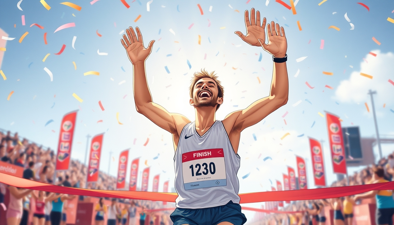 Triumphant athlete crossing the finish line, arms raised in victory, confetti falling, sunlight illuminating their face, intense joy and accomplishment, illustration.