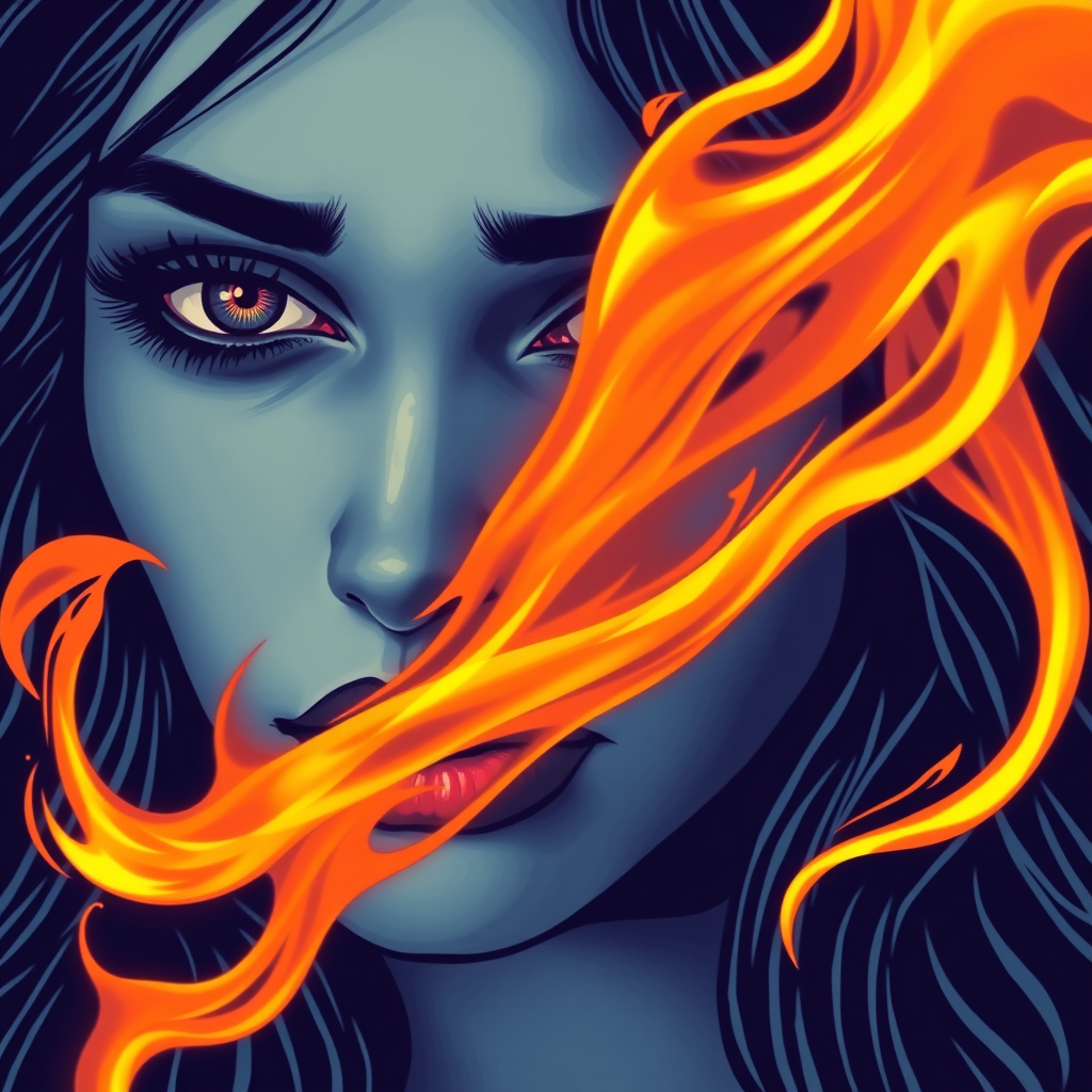 A tee shirt design of a close-up of a woman's face, inspired by the sun. Her expression is deep and soulful, reflecting both passion and sadness. Her eyes are intense and filled with emotion. The color palette is cool, featuring deep blues and purples, with a hint of warmth in her eyes. Whipping flames accent her face, blending seamlessly into the background, creating a contrast between the cool and warm tones. The overall feel is a harmonious blend of passion and melancholy, embodying the soulful essence of the sun. Transparent background. - Image