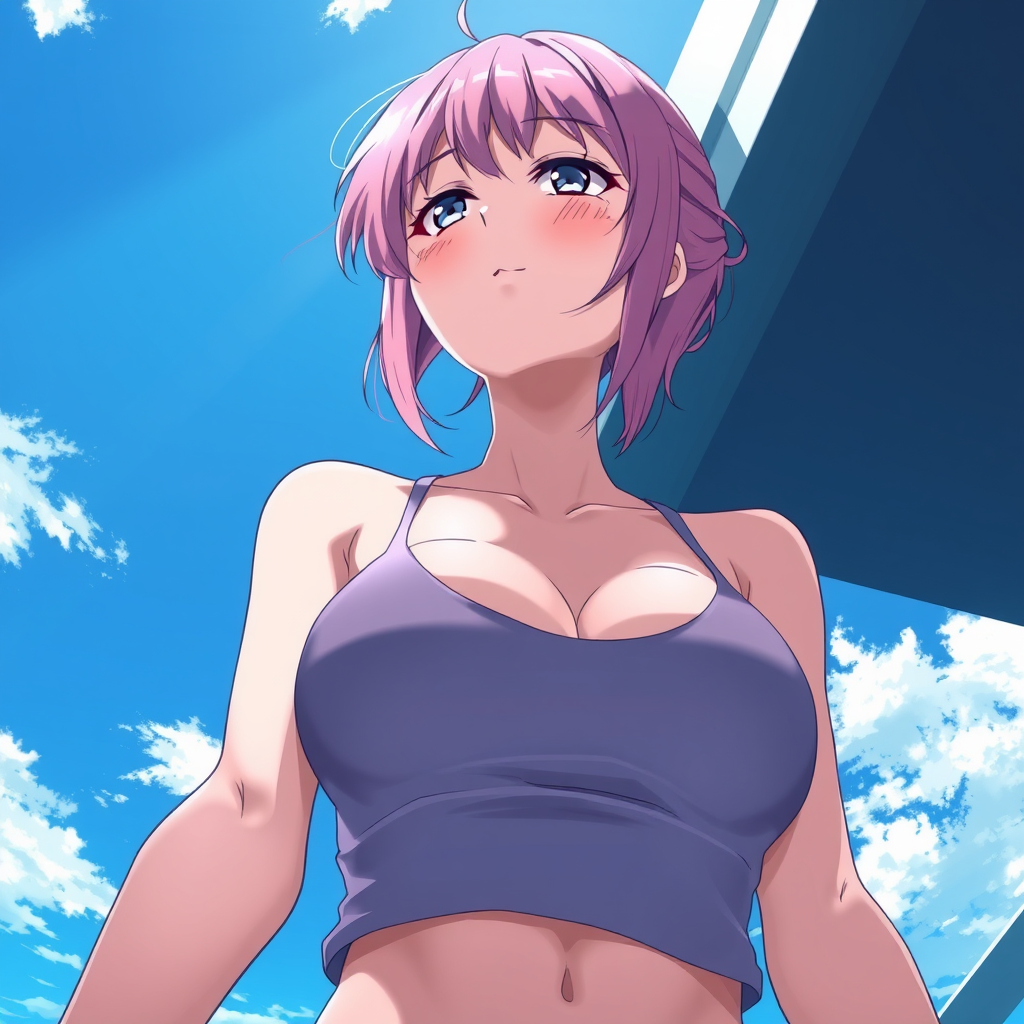 Anime art of a motherly woman, from below, pink hair, school swimsuit, detailed scene, stunning details, trending on ArtStation, anime artwork, anime cel shading, detailed sharp shadows