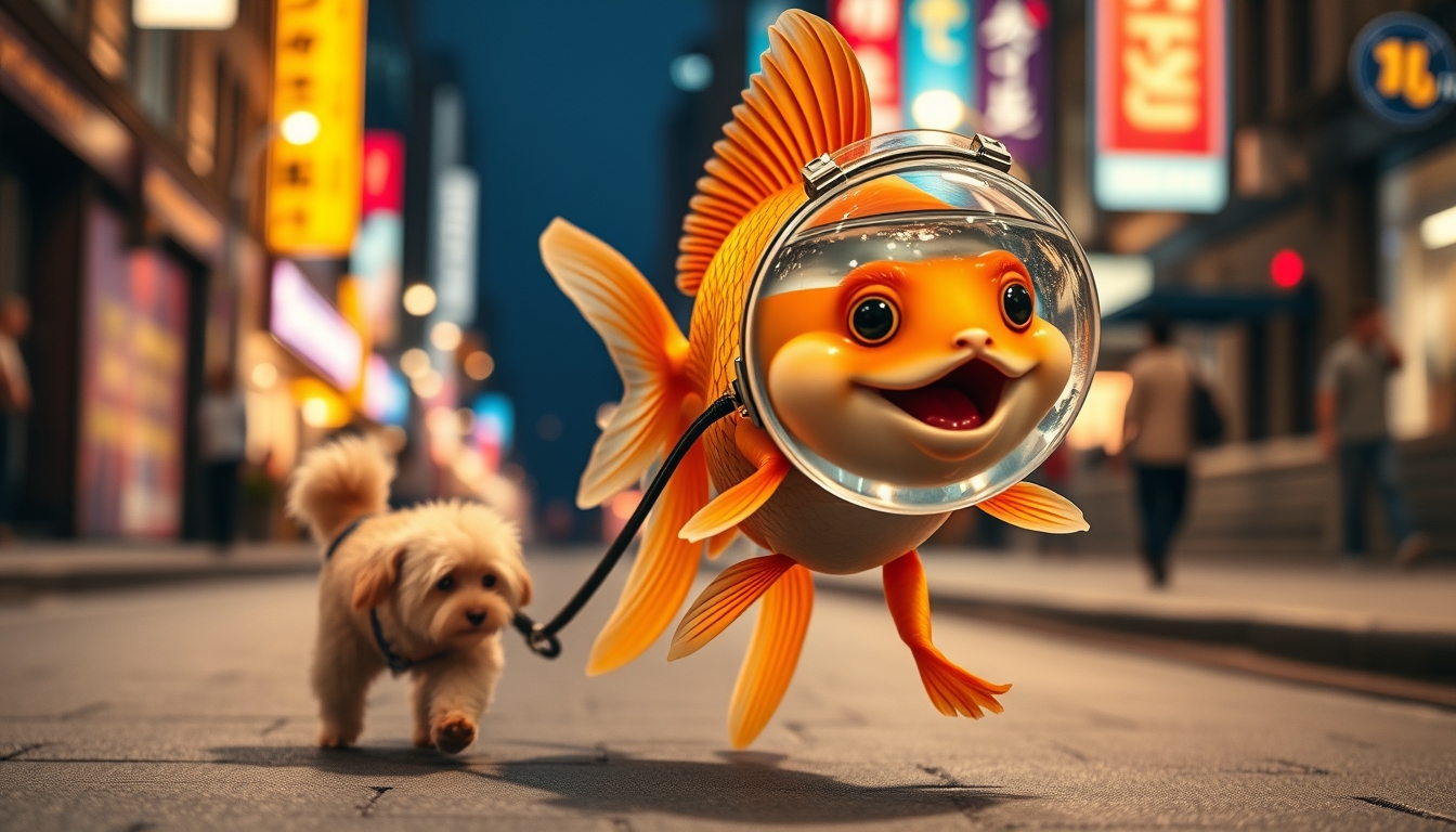 A cute, happy goldfish wearing a fish bowl as a breathing mask (half filled with water) is walking a cute dog on a leash in the streets at night, colorful city lights, happily laughing, mouth open, cute face, walking on fins (no legs), fluffy dog in front, silly walk, ultra-realistic, realism.