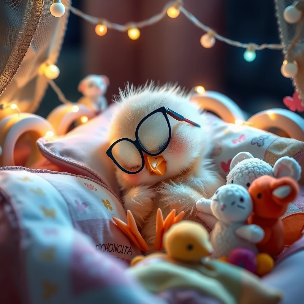 It is night. A sweet, delicate, soft little chick, fragile and Kawaii, is wearing glasses, resting its head on the pillow, deeply asleep in its precious little bed with tiny, flying bells, soft colored lights, and childlike details that have the name PICHONCITA written on it, surrounded by patchwork blankets, with little butterflies and accompanied by friendly colorful bunny, sheep, and little mouse plush toys. Photograph.