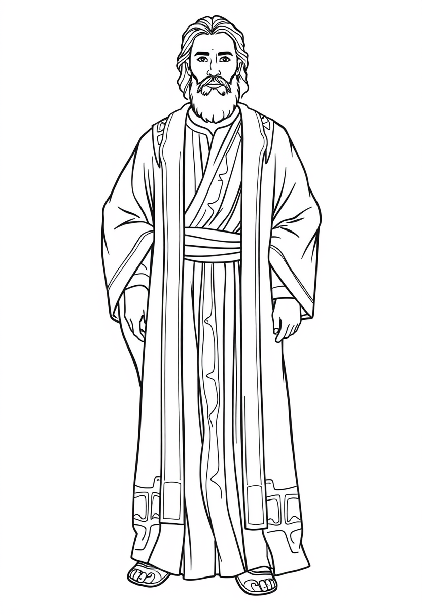 Coloring book page. Detailed outline drawing of Joseph's coat of many colors: A long, flowing robe with distinct panels. Each panel should have a different pattern. Line art vector style, white background, black and white drawing, sharp black lines.