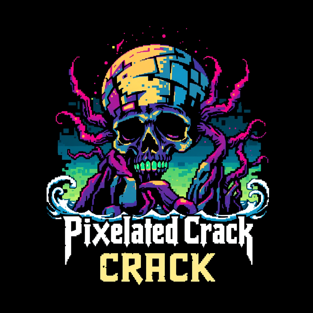 T-shirt design featuring a blocky, colorful 8-bit style of death metal blended with chiptune. The visual should be unique and striking, yet macabre mixed with beauty, and the band name is "Pixelated Crack," inspired by a deep sea scene. - Image