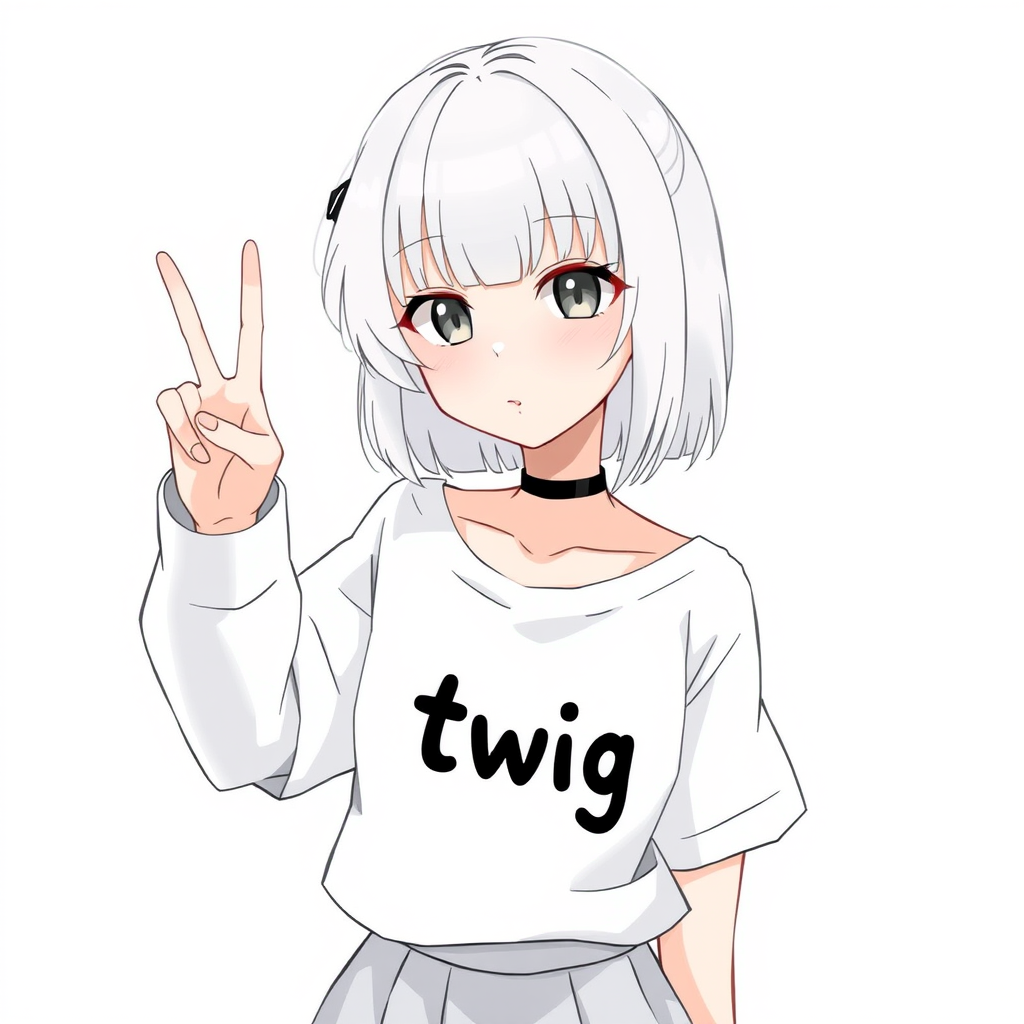 Anime girl with a white loose shirt, black text on the loose shirt saying "twig", and doing the peace hand sign, white hair, gray eyes, skirt. White background with nothing. - Image