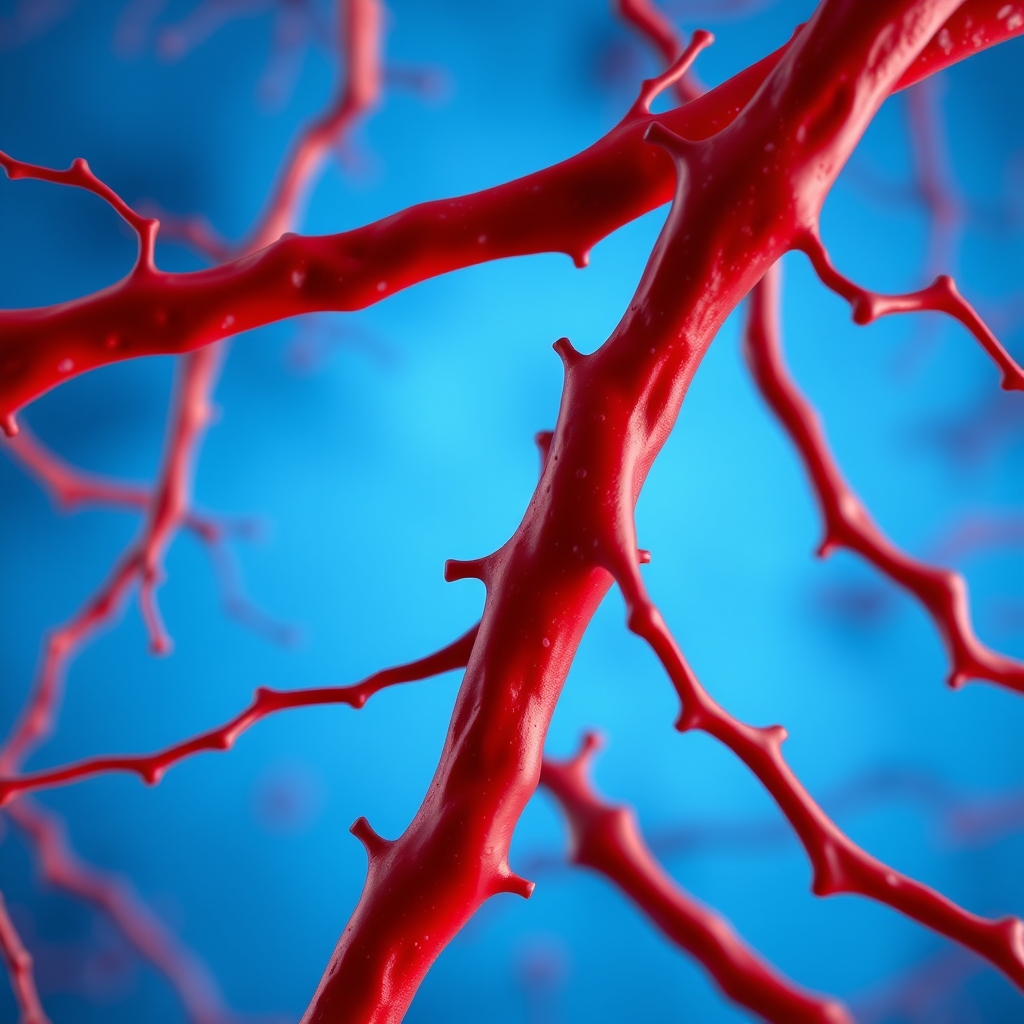 A close-up of red blood vessels with a blue background.