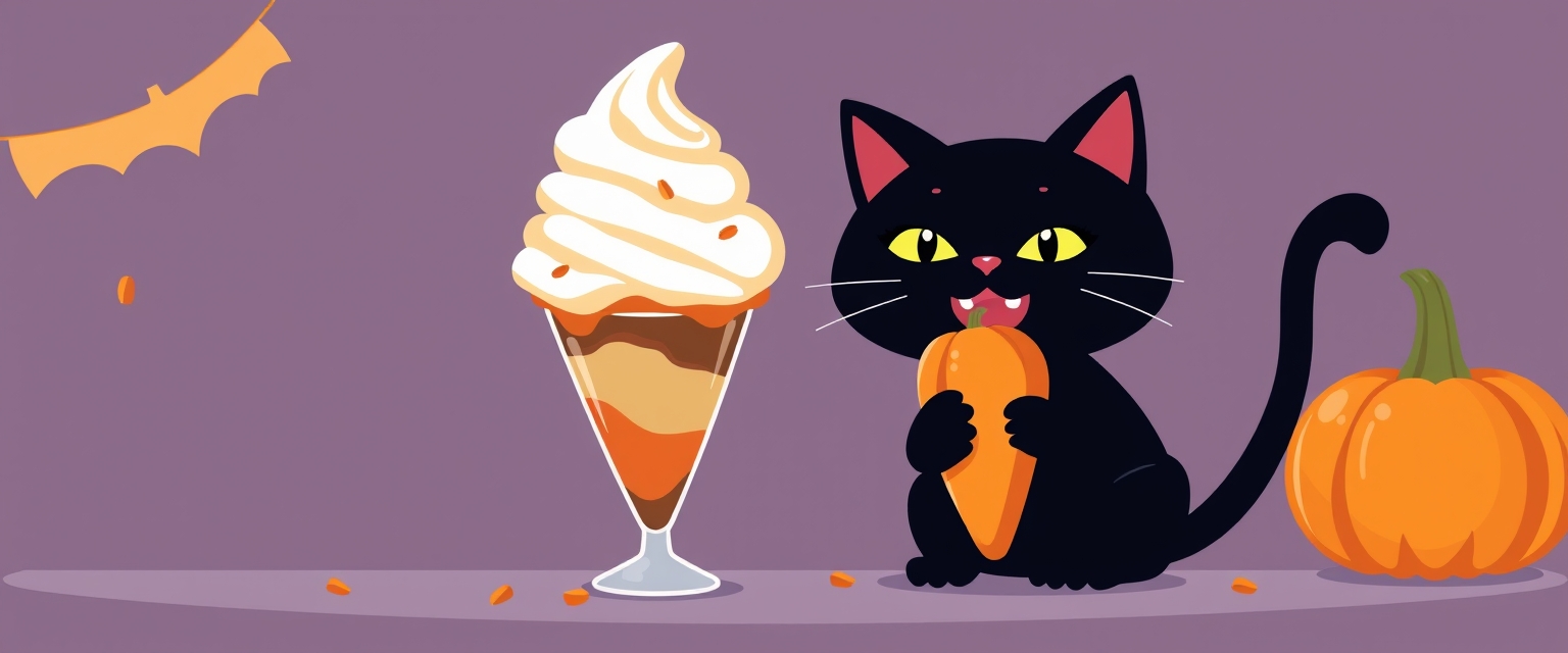 Black cat and pumpkin ice cream, Halloween vibe, flat design illustration - Image