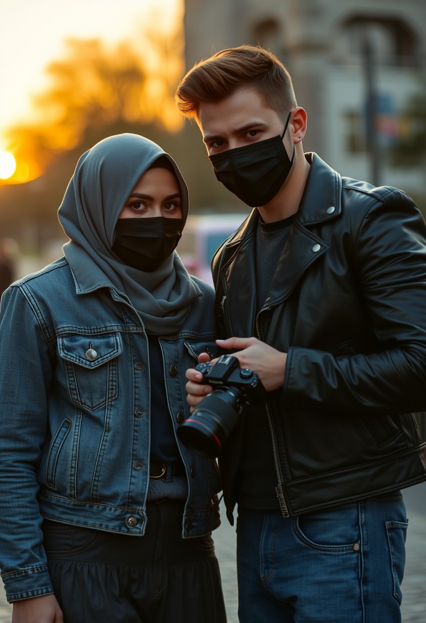 Jamie Dornan's head and body shot, handsome, black face mask, denim jacket, jeans, dating, love couple, with the biggest grey hijab Muslim girl, black face mask, beautiful eyes, black leather jacket, largest skirt, holding a DSLR Canon camera, sunset, hyper-realistic, street photography.