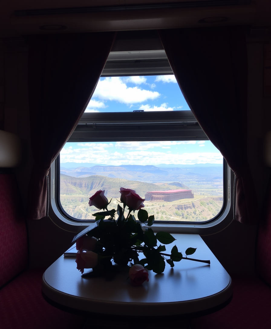 A bouquet of roses lies on a table in a cozy compartment, a stunning view opens outside the train window.