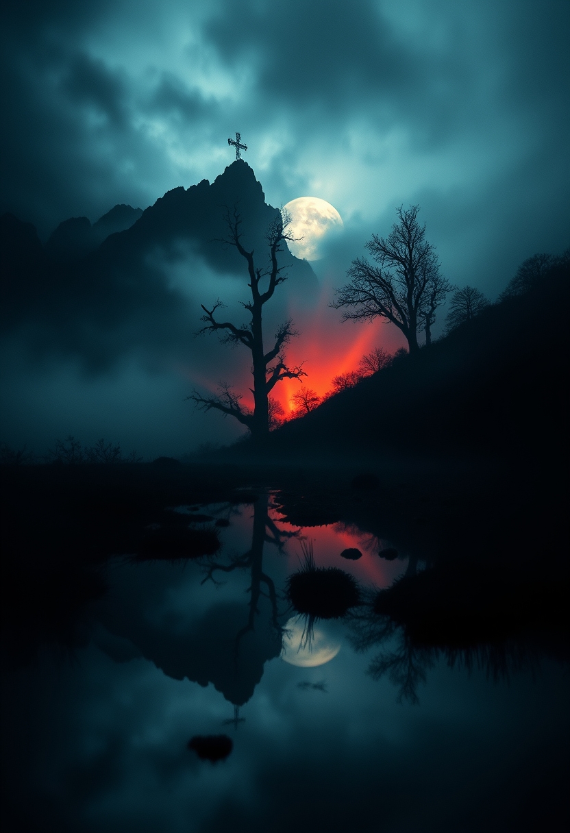 mystical landscape, Forces of Good versus Evil, day and night, duality, light and dark, contrasting colors, contrasting landscape, image split. highly detailed and hyper realistic photo, by Alena Aenami, by Archibald Thorburn, by Daniele Afferni, in the style of monochromatic silhouette reflection, limited dark palette, unusual dark colors, faded colors, atmospheric haze, highly dramatic cinematic lighting, motion blur, film grain, professional, excellent composition, finest details, maximized details, ultimate detail level, masterpiece, best quality.