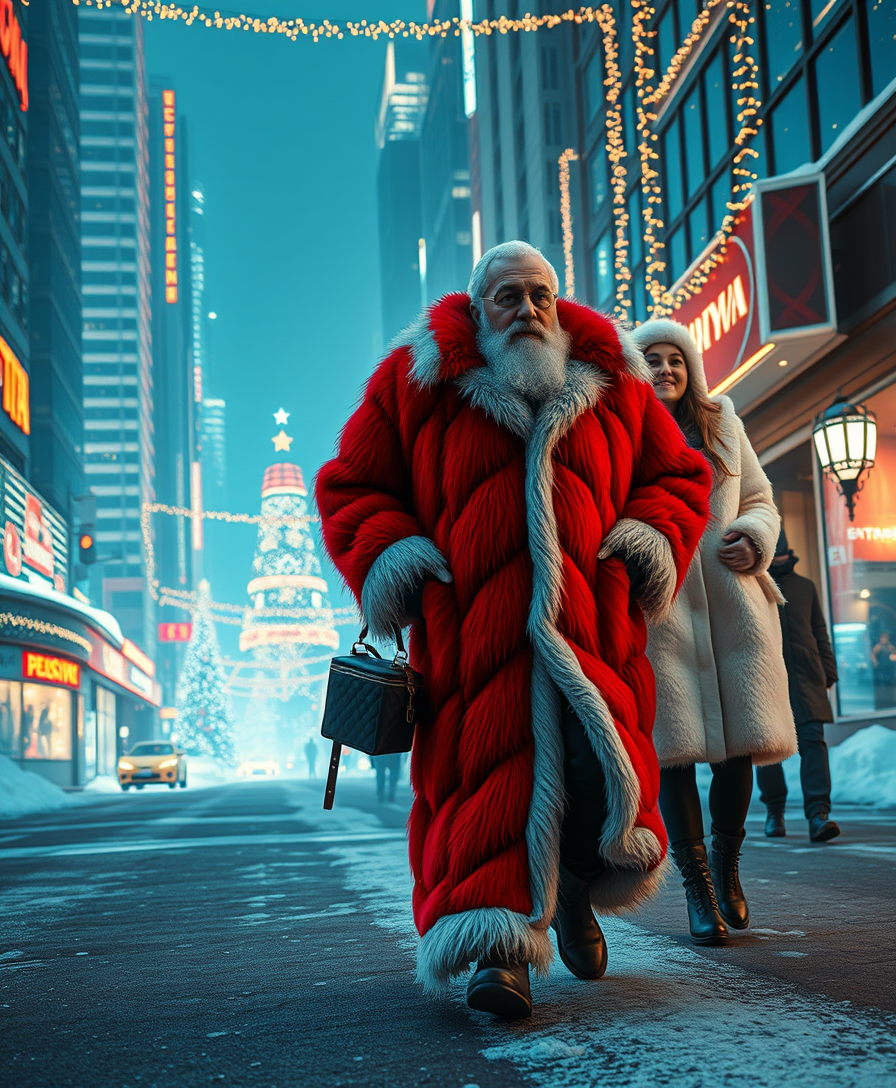 An exciting cyberpunk scene where a Russian Snow Grandfather in a long red fur coat with white trim and a charming Snow Maiden in a snow sheepskin coat walk through a futuristic city decorated with Christmas lights. - Image