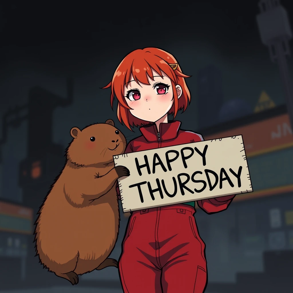 Redhead girl in red jumpsuit with a capybara holding a sign that says "HAPPY THURSDAY" dark sci-fi anime style.