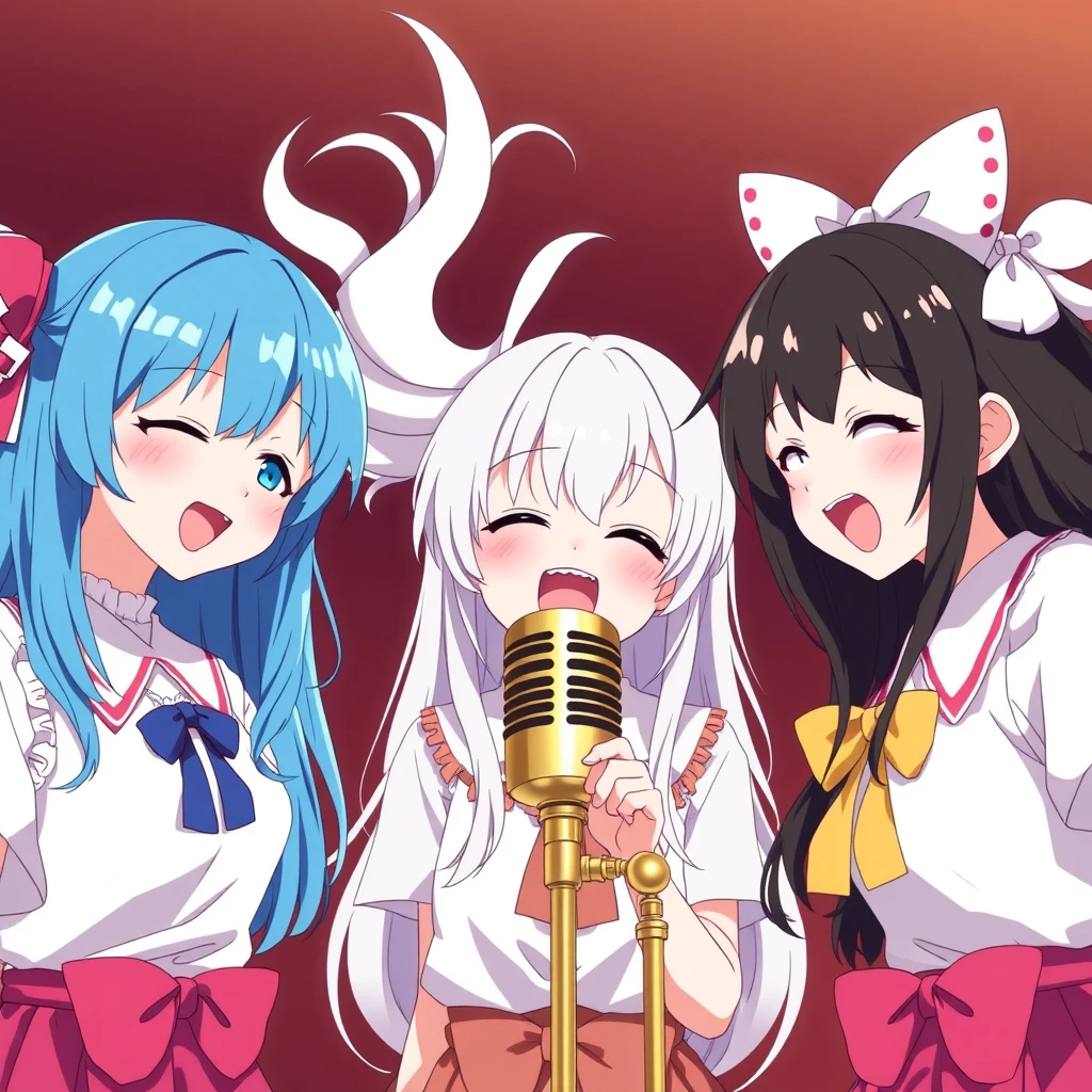 Three girls, one with blue hair, one with white hair, and one with black hair, all singing into the same golden microphone, anime style.