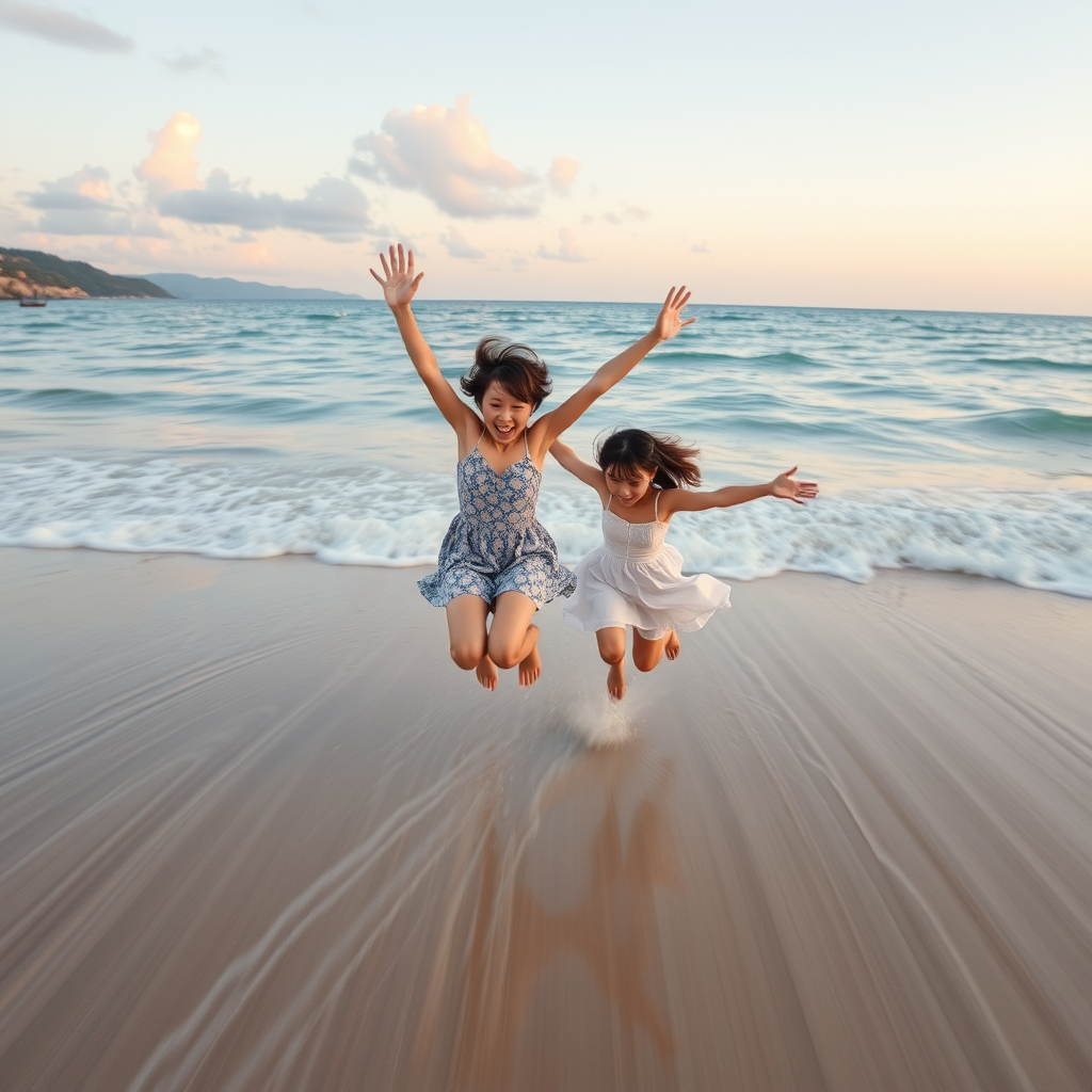 Super Slow Motion Shot of anime couple jumping on the beach Moving Towards Camera - Image