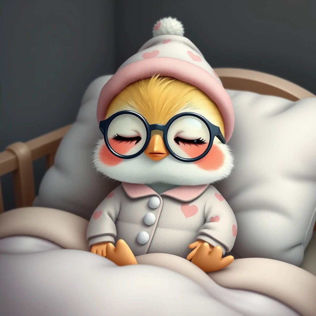 Sweet little and tender Kawaii little bird with glasses and a hat, wearing a beautiful pajama and a sleepy cap, happily sleeping in her cute little bed.