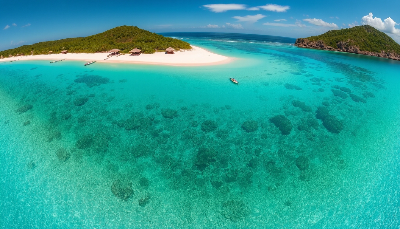 A panoramic view of a remote, pristine beach with crystal-clear waters, eco-friendly accommodations, and untouched natural beauty.