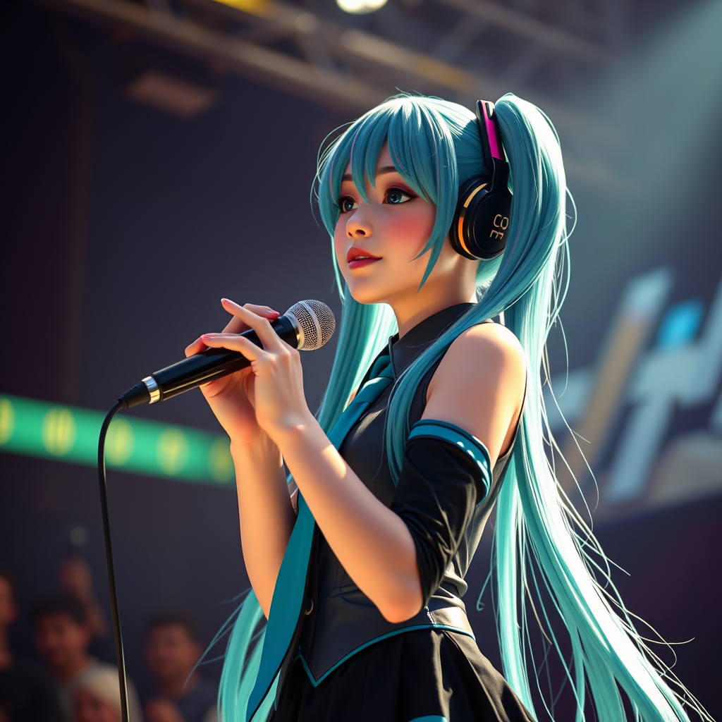 singing on stage, hatsune miku, 8K resolution, Blender, close-up