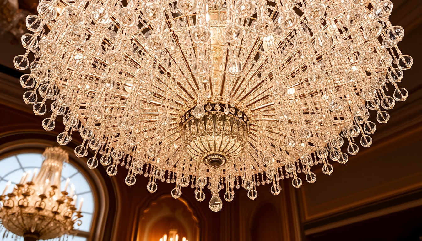 A stunning chandelier made of thousands of tiny glass crystals in a grand ballroom.