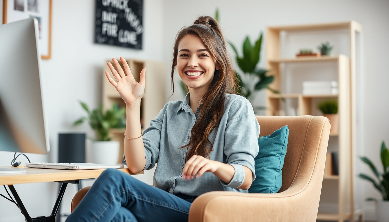 Photo of lovely excited glad woman software developer sitting in an armchair at a comfortable workspace indoors.