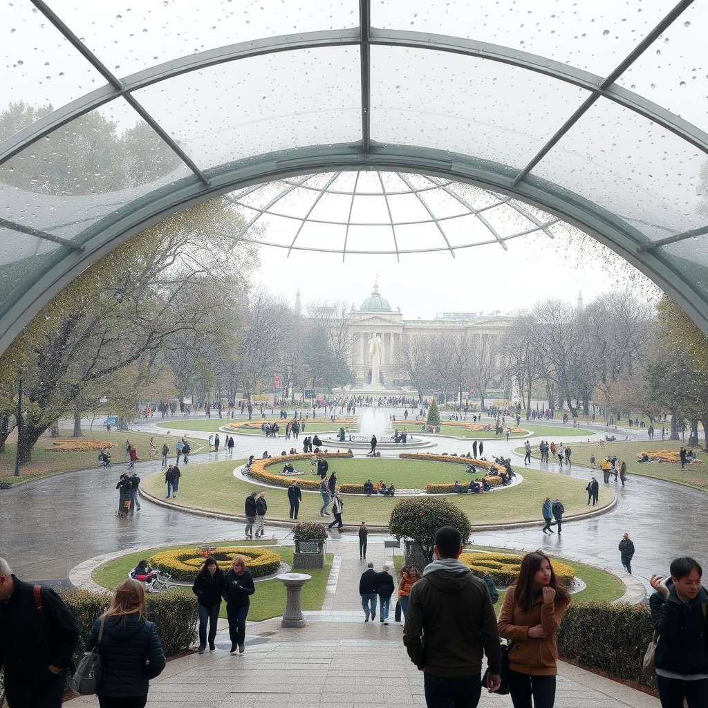 A park inside a dome shape, people walking and relaxing peacefully in the park in any weather, rain or snow, hot or cold, my gaze is outside the dome and I can see inside. The inside is always in pleasant weather. - Image