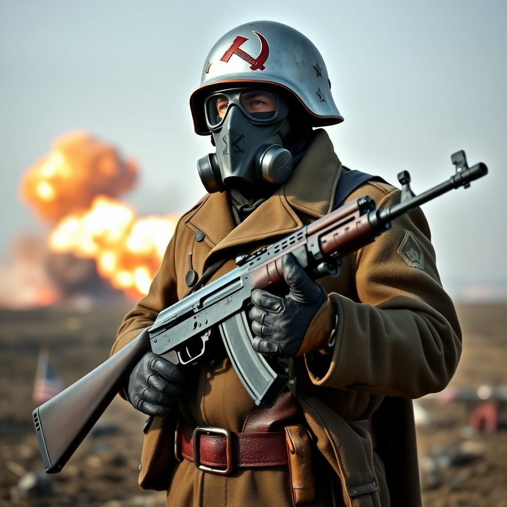 Generate a soldier with a silver helmet, the Soviet hammer and sickle logo on the helmet, wearing a gas mask, a long coat, a leather belt, leather gloves, and leather boots, holding an AK-47 automatic rifle, standing in a battlefield, with an explosion in the background. - Image