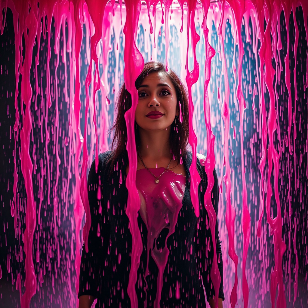 A dramatic scene unfolds as a woman stands amidst a torrential downpour of pink liquid, the vibrant hue cascading around her in a mesmerizing spectacle. The liquid, falling at an alarming rate, creates a surreal, dreamlike atmosphere, with droplets shimmering in the air. The woman, caught in the midst of this extraordinary event, remains composed, her expression a mix of curiosity and determination. The background, a blend of dark shadows and ethereal light, adds to the overall sense of mystery and intrigue.