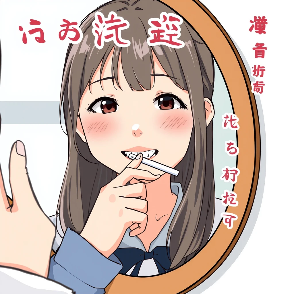 A female student is looking in the mirror. Note that she is brushing her teeth. Additionally, it should include Chinese characters or Japanese.