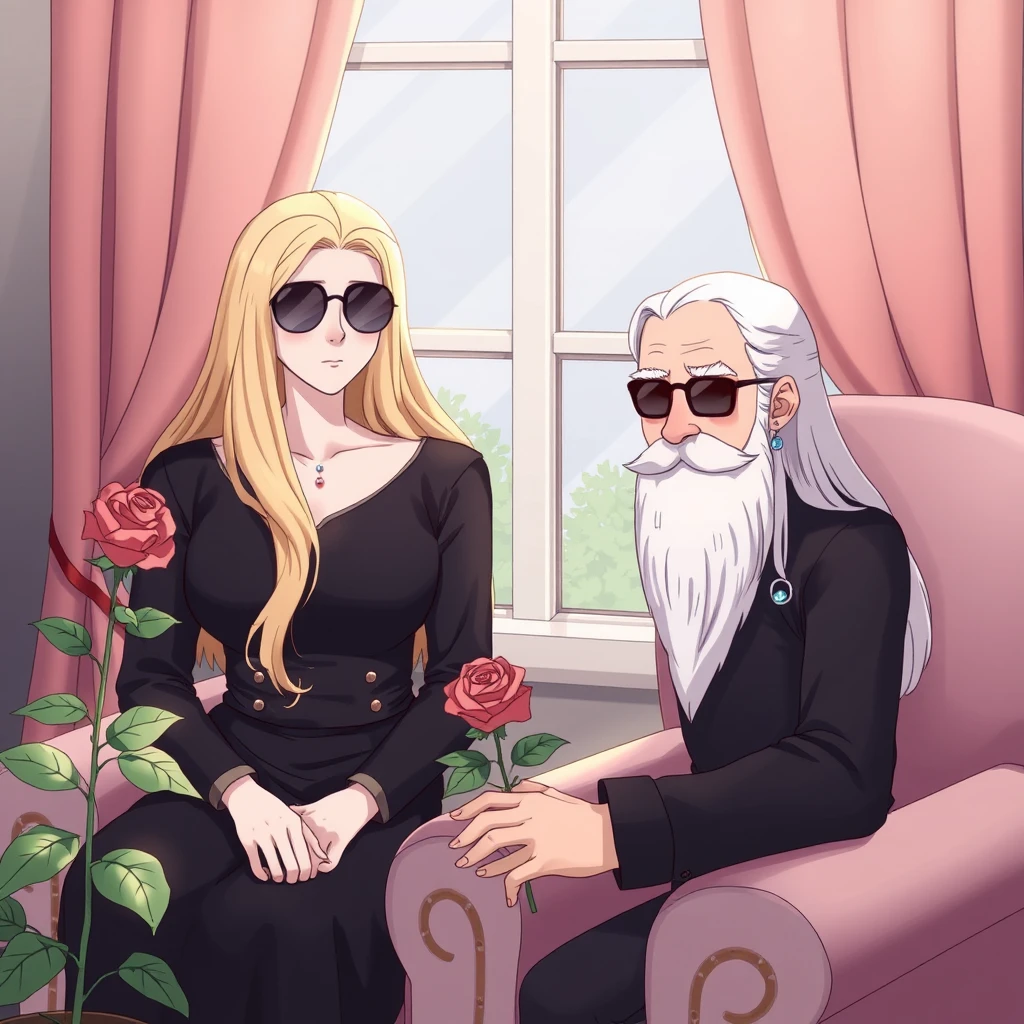 1 girl, old man, long hair, sitting, blonde hair, looking at viewer, window, indoors, flower, facial hair, curtains, white hair, sunglasses, rose, dress, beard, couch, black dress, long sleeves, plant, armchair, closed mouth, jewelry, chair, expressionless, holding, gem, Negative prompt: - Image