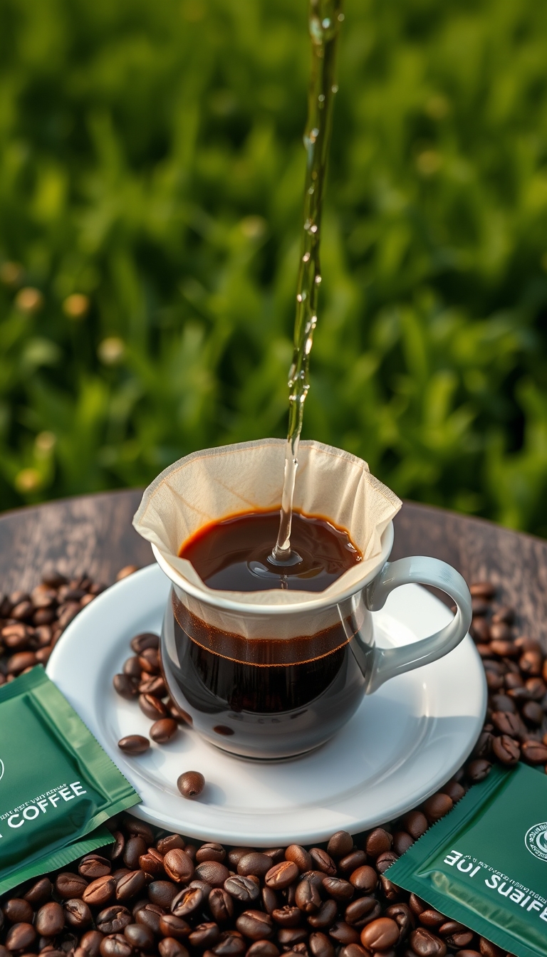 Realistic front-view image of a pour-over coffee in a white cup with a drip filter bag, hot water being poured with steam, coffee beans around, green coffee packets on a table, set against a green field background similar to this image, sharp and highly detailed.