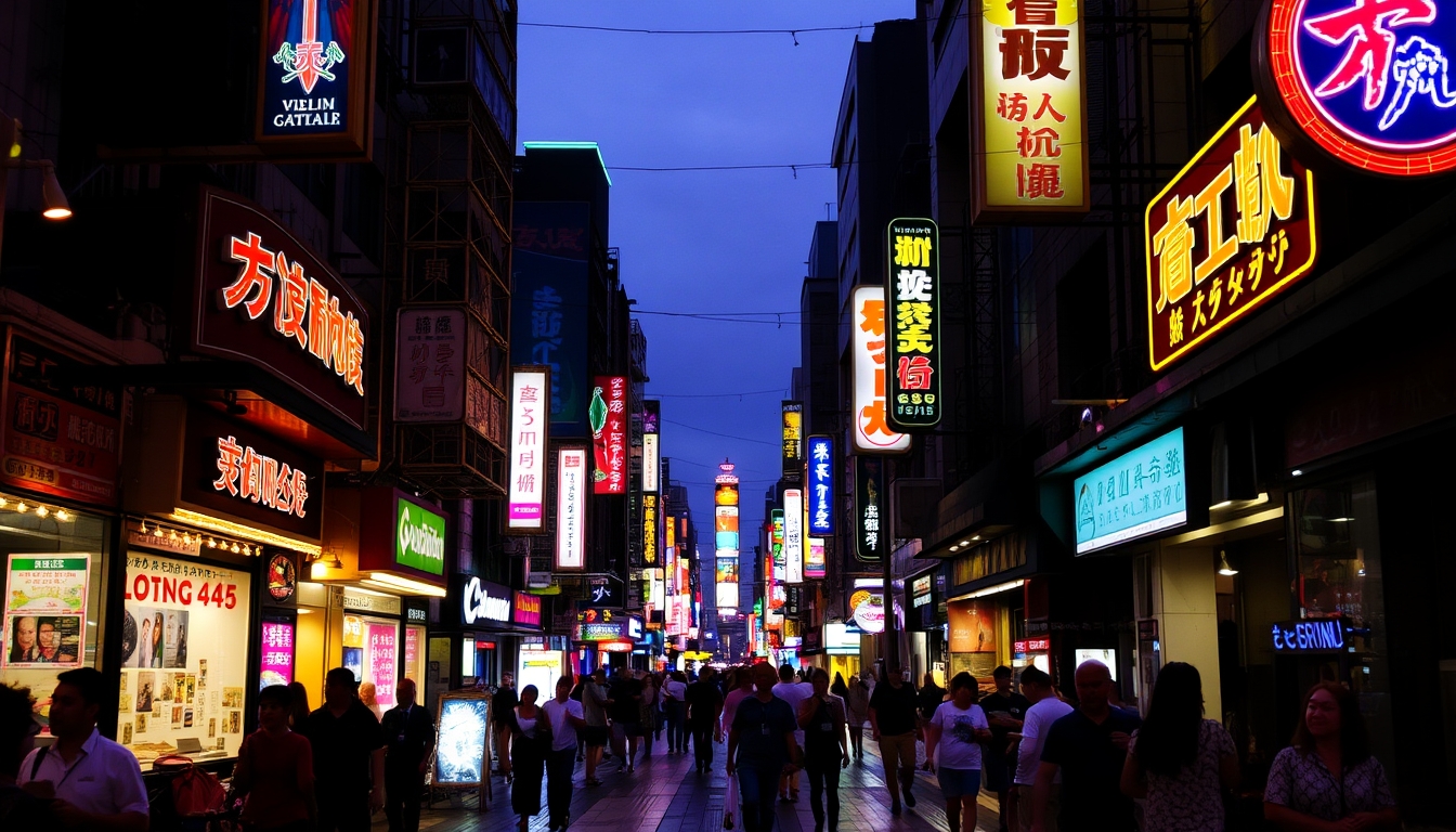 A vibrant street scene at night, with neon signs, bustling crowds, and the glow of city lights reflecting on wet pavement.